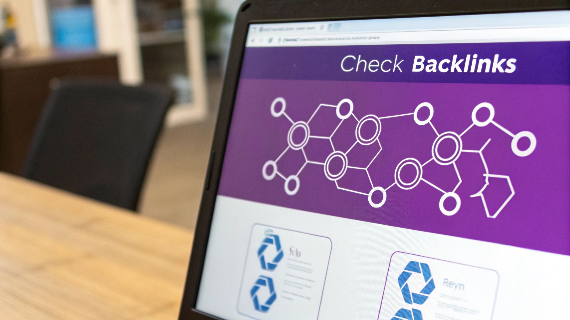 A laptop screen displays a 'Check Backlinks' tool with a network graphic on a purple background.