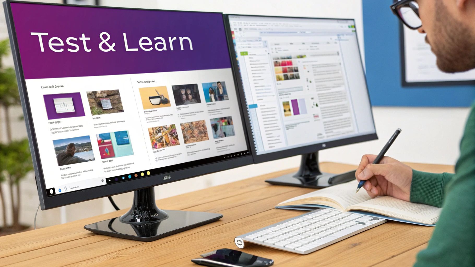 A person works at a desk with dual monitors, writing in a notebook while viewing "Test & Learn" content.