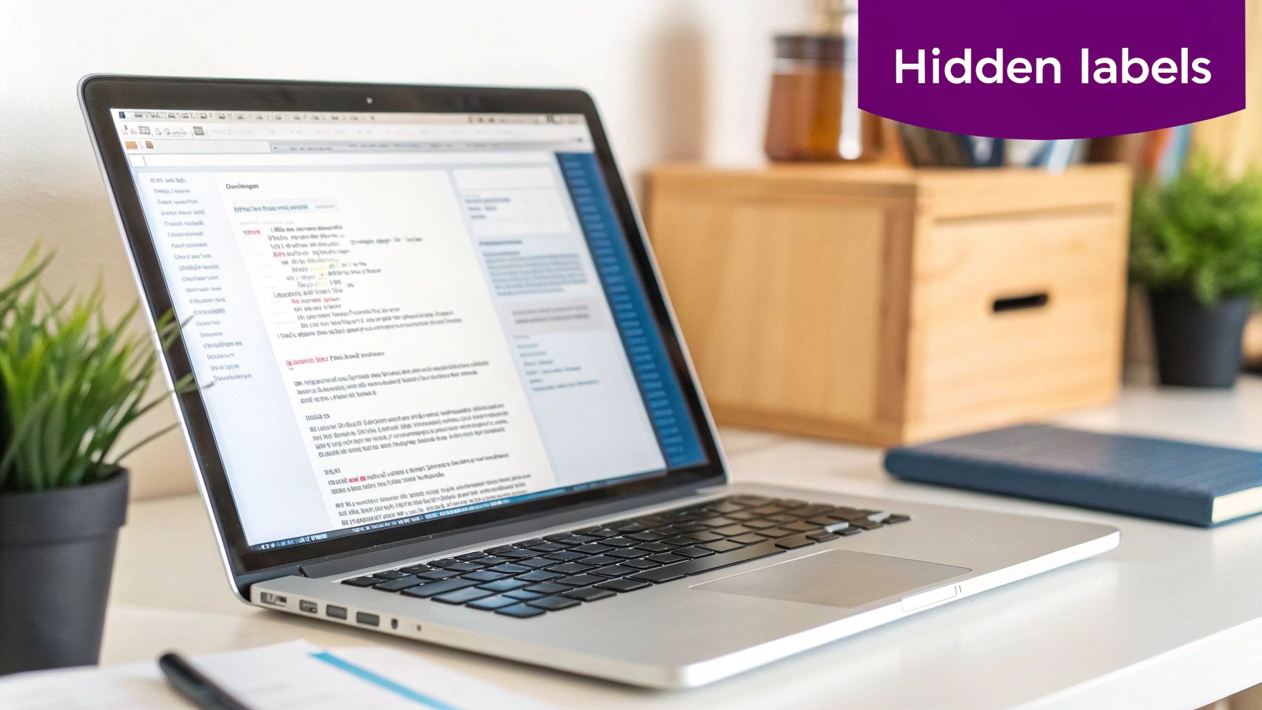 A silver laptop displays code and text on a white desk with a plant and office items.