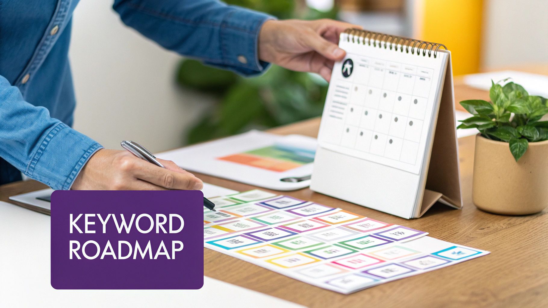 A person brainstorming with sticky notes on a glass wall, representing keyword research and content planning.