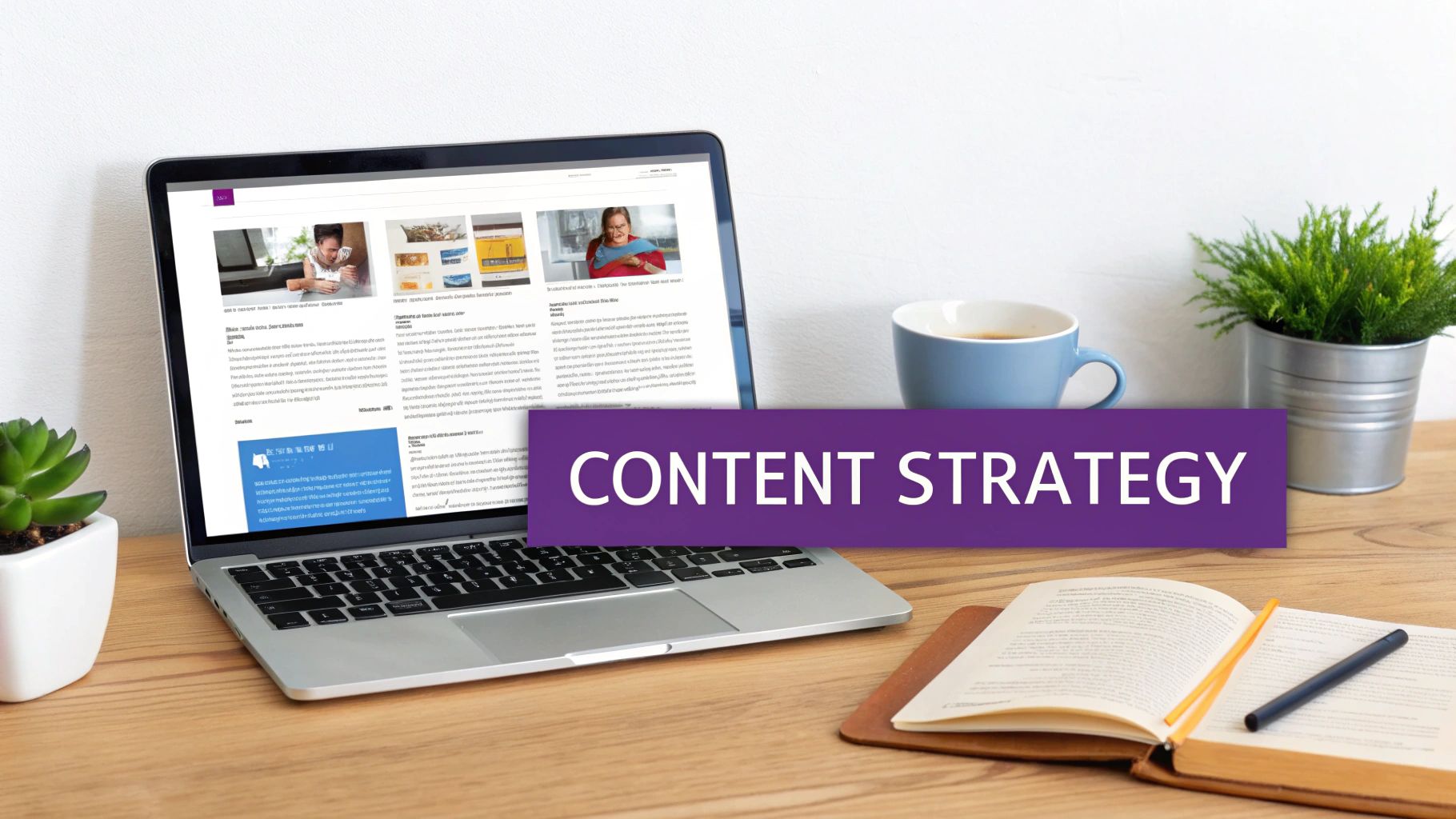A laptop on a wooden desk displaying a website, an open book, coffee cup, and plants, with a 'CONTENT STRATEGY' banner.