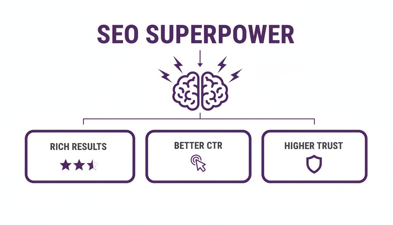 Infographic showing the benefits of SEO: rich results, better click-through rates, and increased trust.