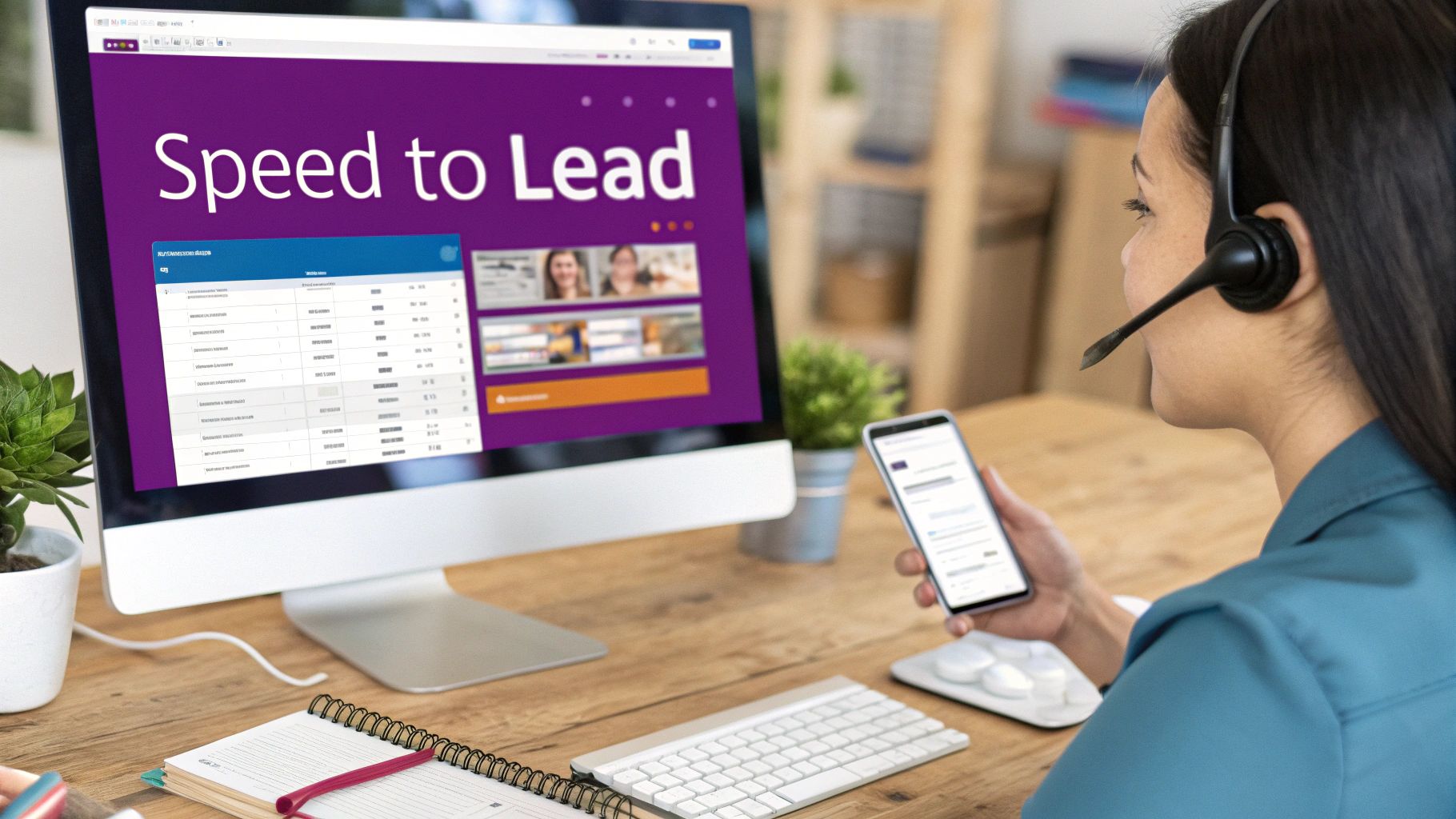 A woman in a headset works on a computer showing "Speed to Lead" and uses a smartphone.