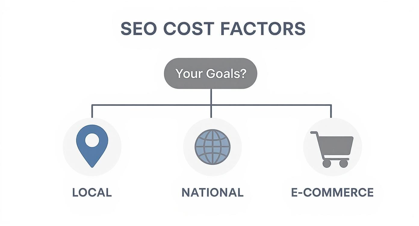 Flowchart showing SEO cost factors divided into three business goals: local, national, and e-commerce