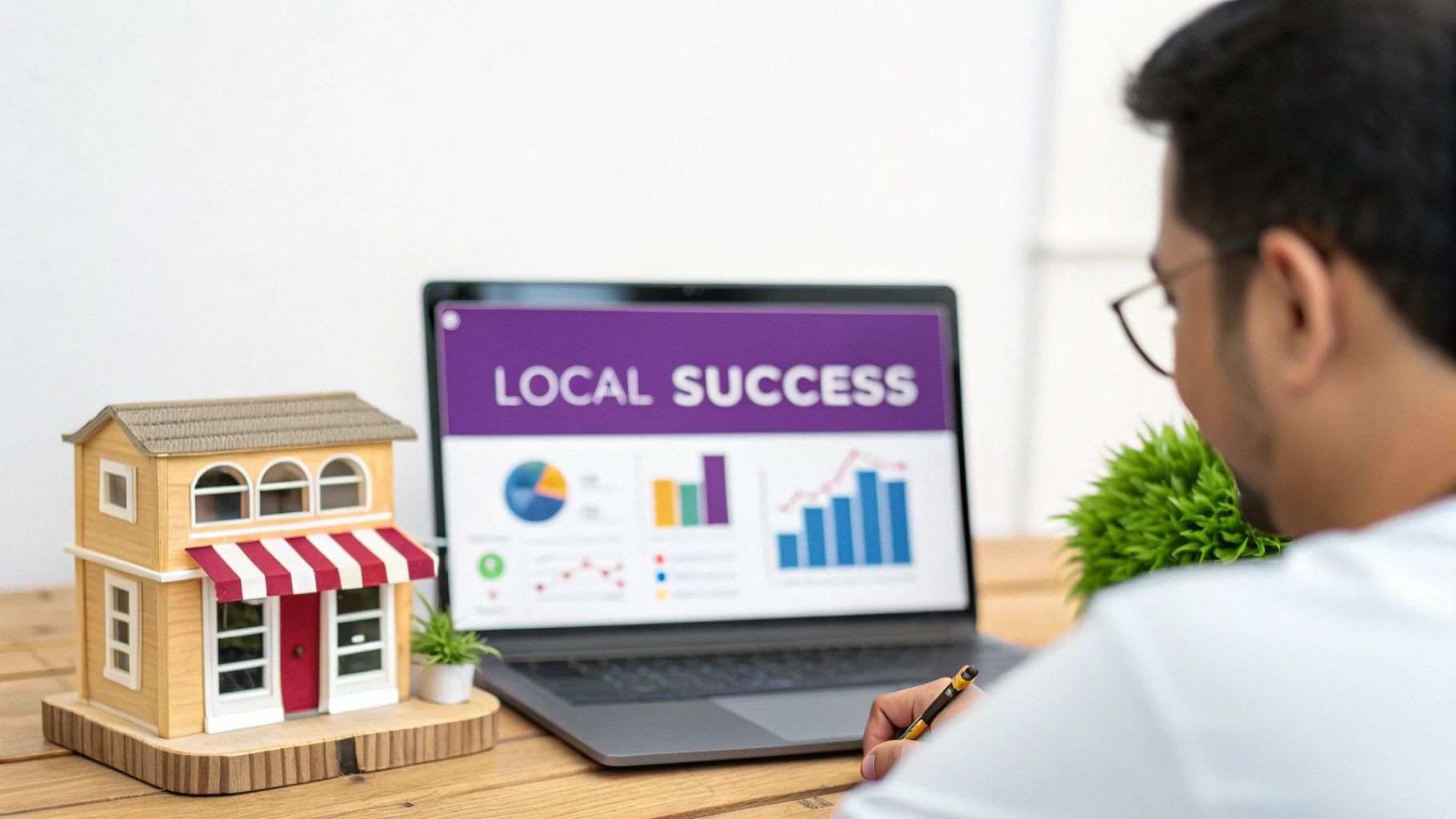 A person views a laptop displaying 'Local Success' metrics next to a miniature shop model.