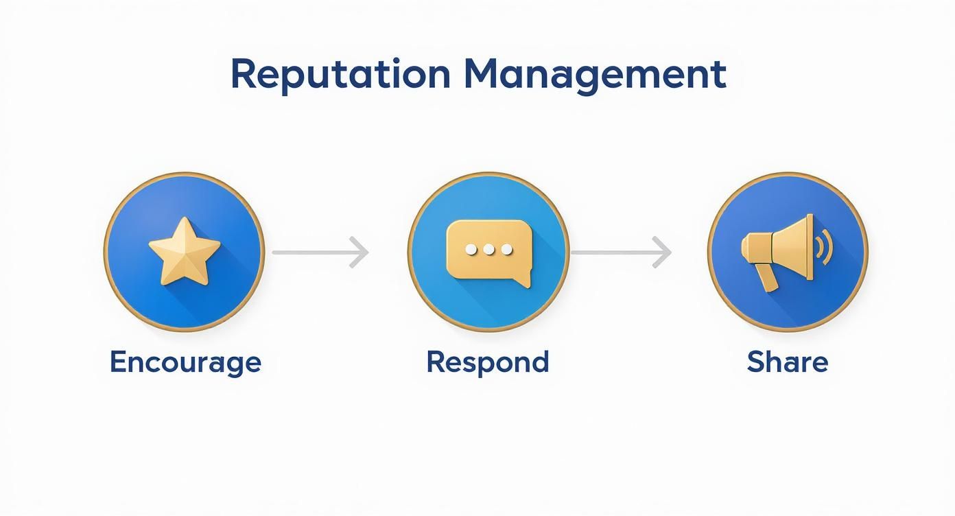 Infographic showing the reputation management process: Encourage, Respond, Share.