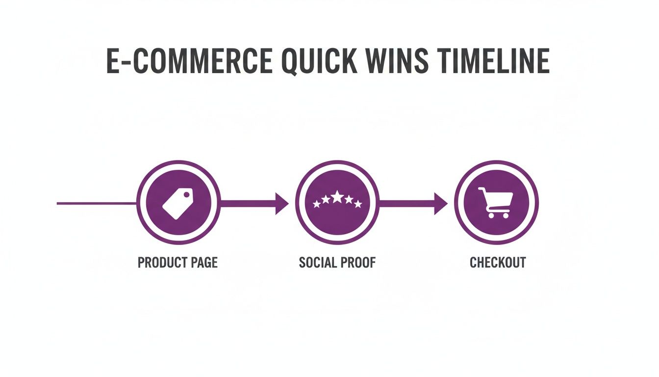 E-commerce quick wins timeline illustrating three key steps: product page, social proof, and checkout flow.