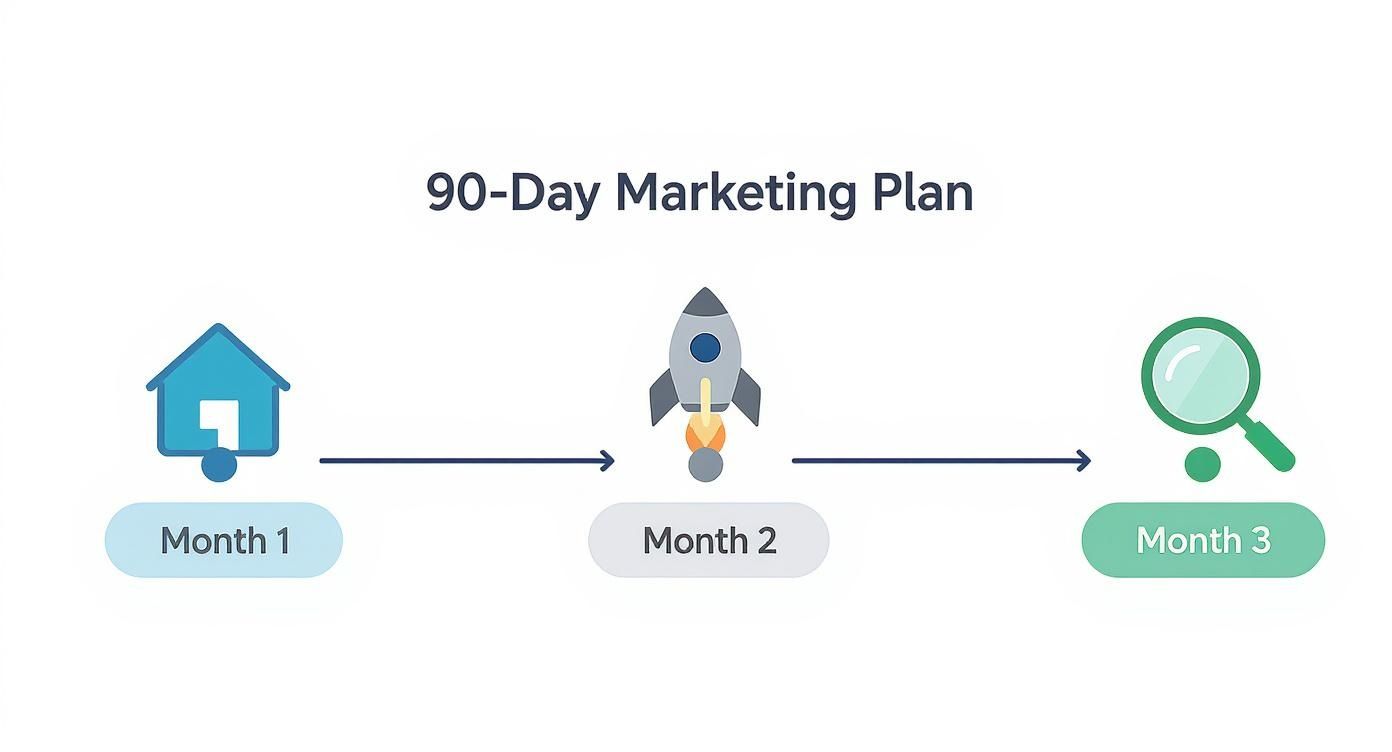 A visual timeline outlining a 90-day marketing plan with distinct icons for each month.