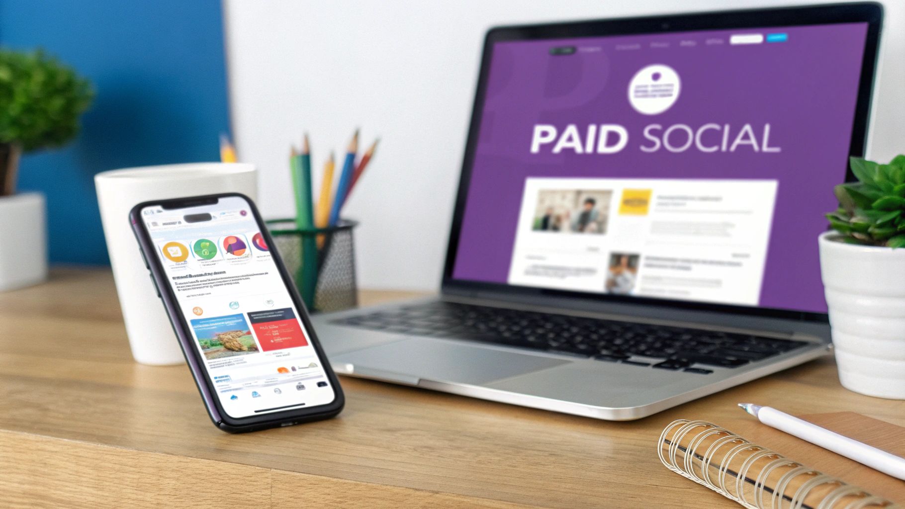 A modern workspace with a laptop displaying 'Paid Social' and a smartphone showing an app.