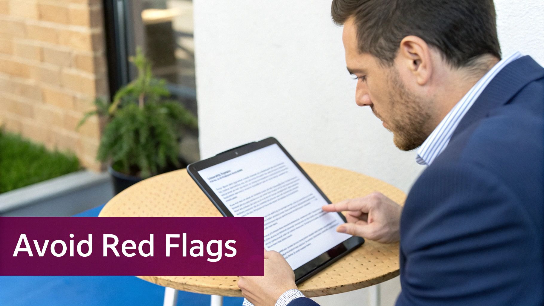 A man in a blue suit reviews a digital document on a tablet, pointing at the screen.
