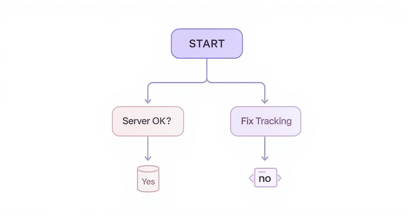 A flowchart showing a START node branching to 'Server OK?' (leading to 'Yes' database) and 'Fix Tracking' (leading to 'no' icon).