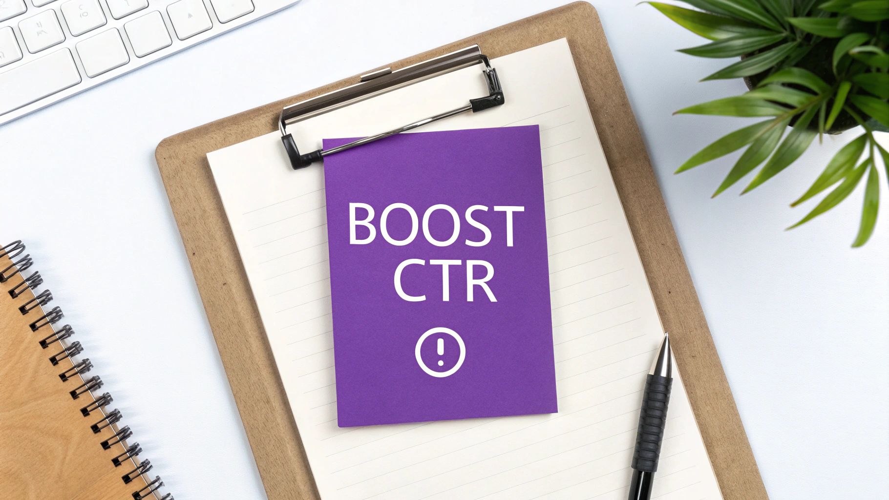Desk flat lay with a purple 'BOOST CTR' note on a clipboard, a keyboard, and a pen.