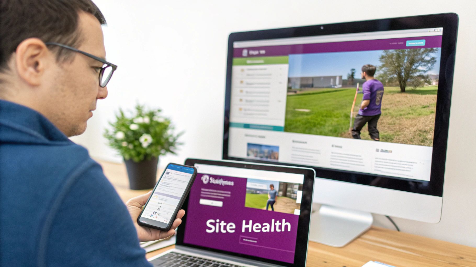 An image representing a website's health being revitalised, with charts and graphs showing upward trends.