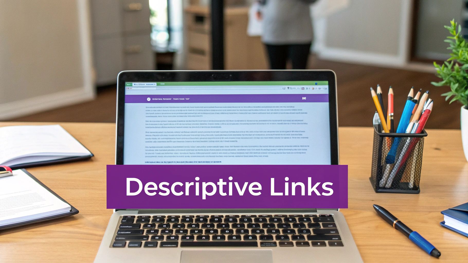 A diagram showing a link from one webpage to another, with the clickable text "Descriptive Anchor Text" highlighted, illustrating the concept of using clear and relevant anchor text for internal links.