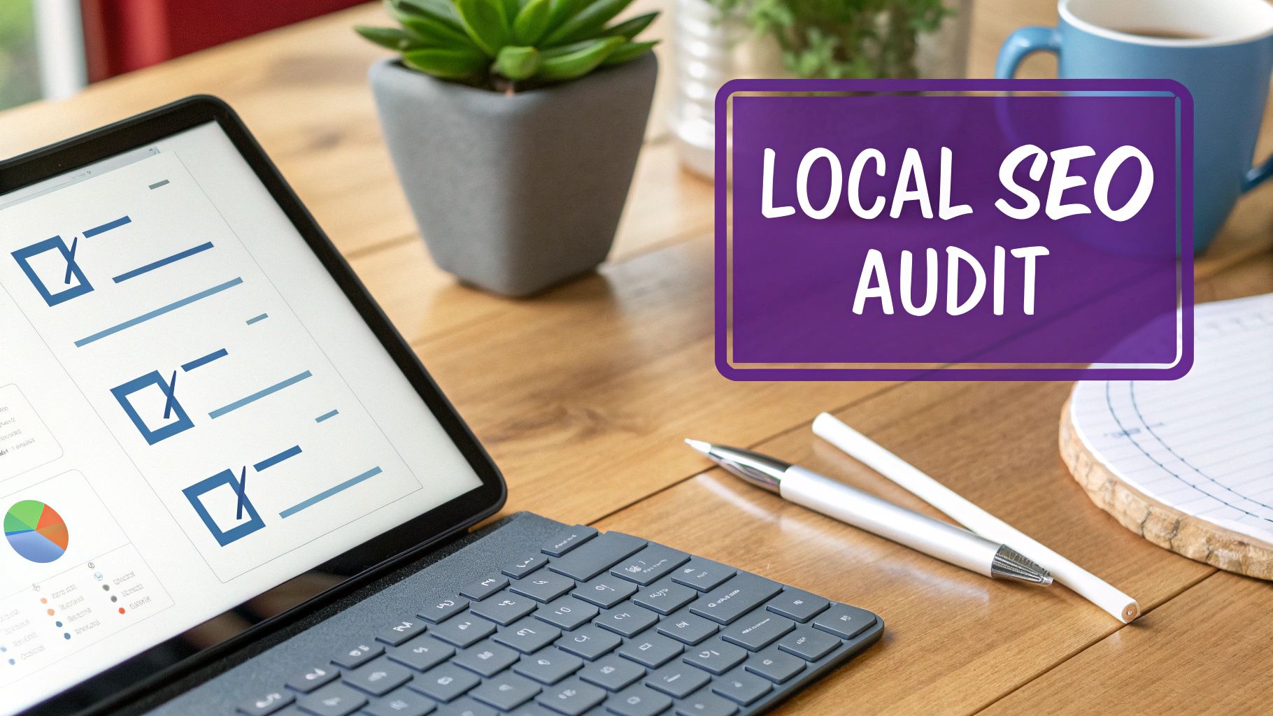 Tablet displaying a local SEO audit checklist and data, next to a keyboard, pen, and plant on a wooden desk.