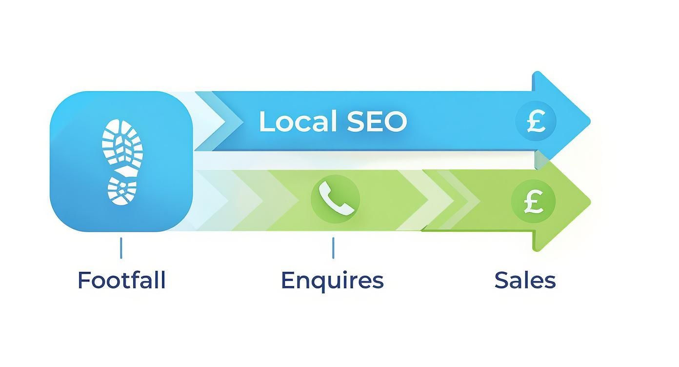 Diagram illustrating how Local SEO drives footfall and enquiries, leading to increased sales.