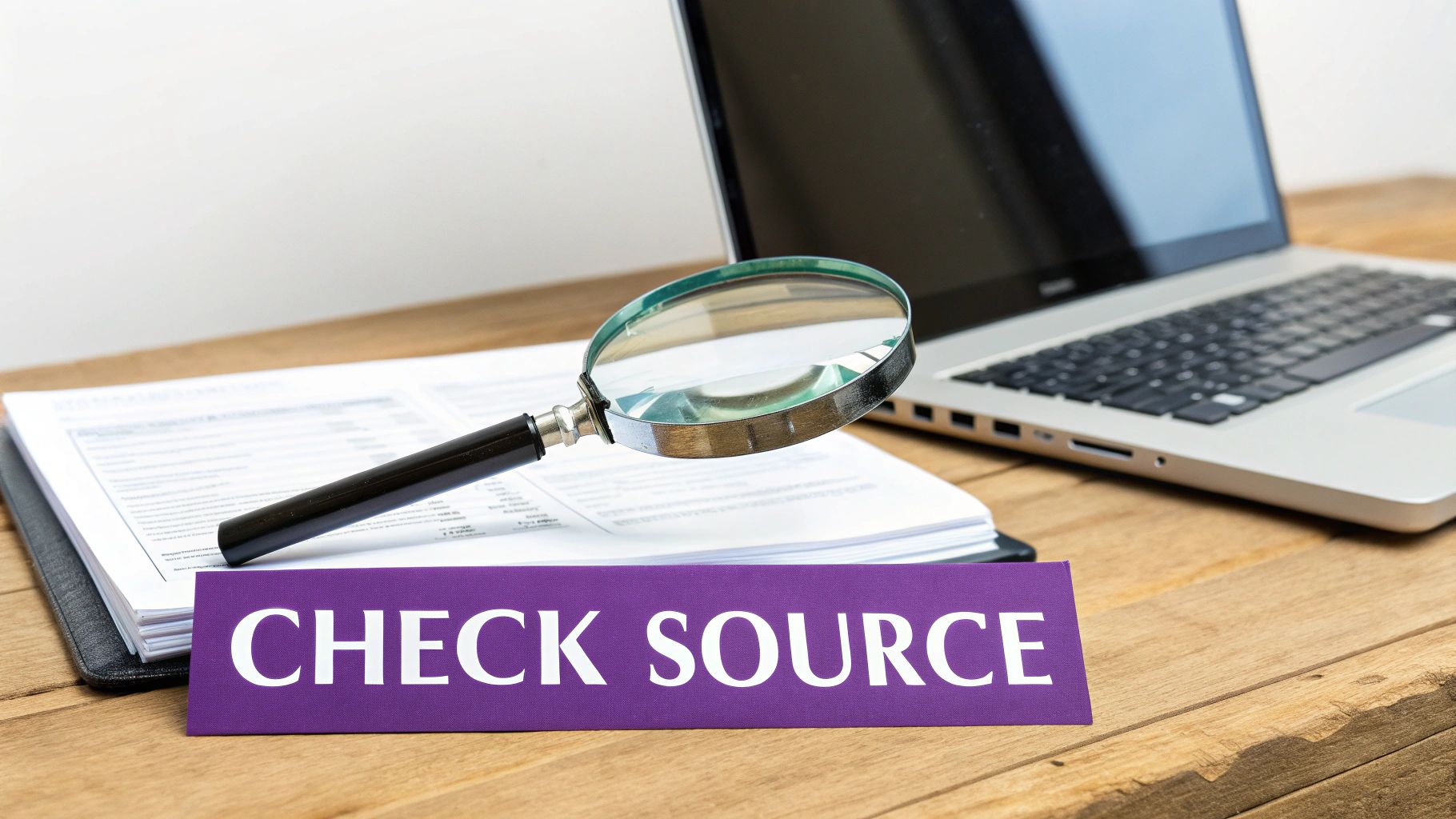 A magnifying glass rests on documents next to a laptop and a 'CHECK SOURCE' sign.