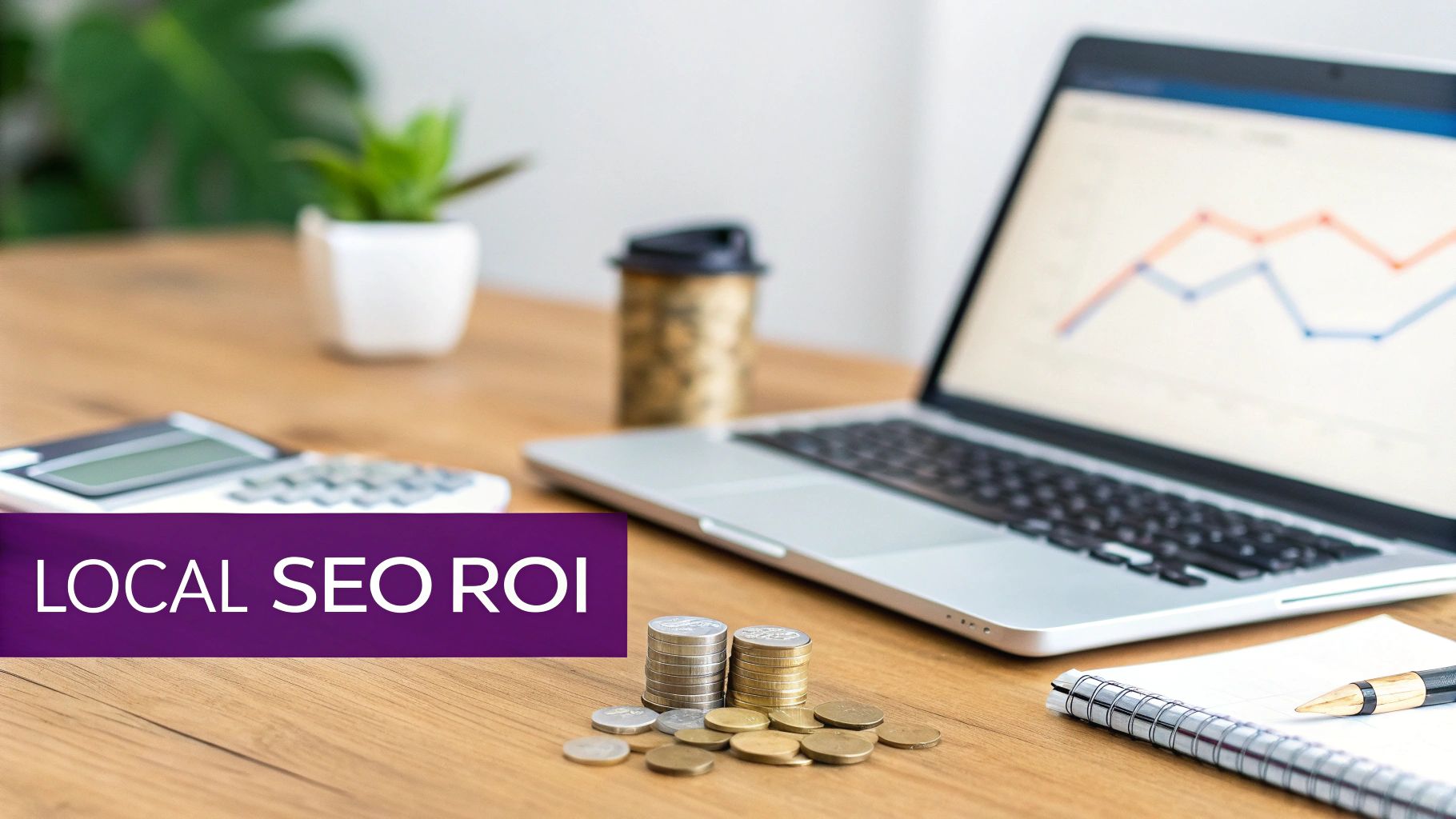 A desk with a laptop displaying a graph, stacks of coins, and a 'LOCAL SEO ROI' banner.