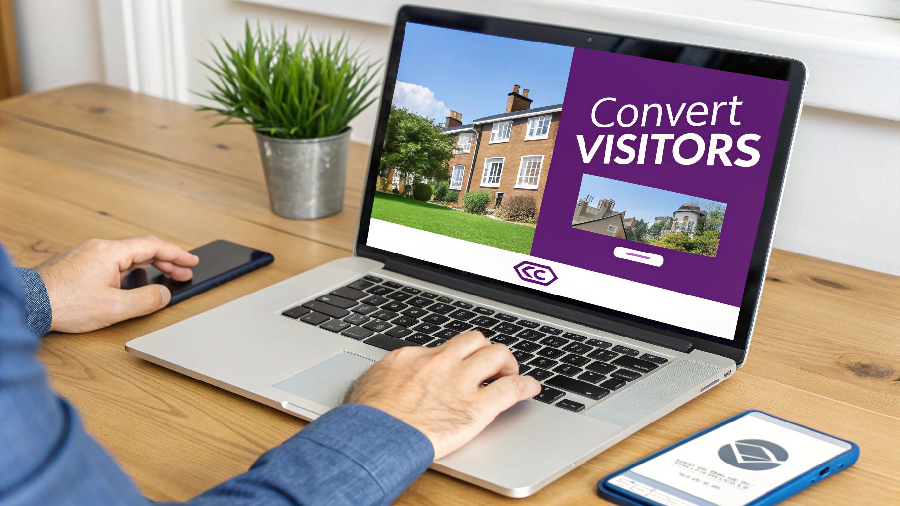 Person typing on a laptop displaying a 'Convert VISITORS' marketing page with real estate images.