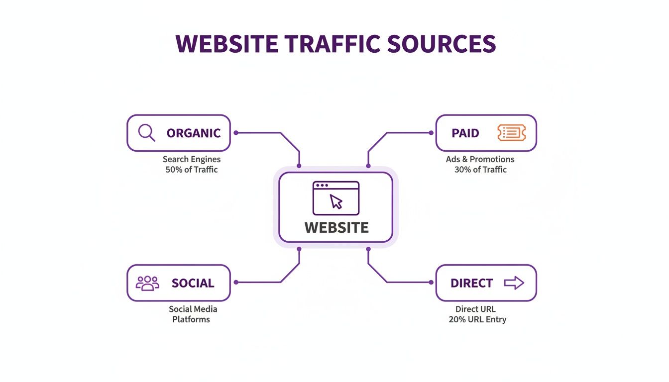 A diagram illustrating website traffic sources: organic (50%), paid (30%), social, and direct (20%).