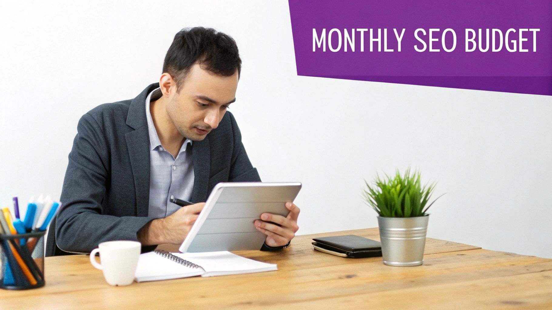 Business professional reviewing monthly SEO budget on tablet at modern office desk