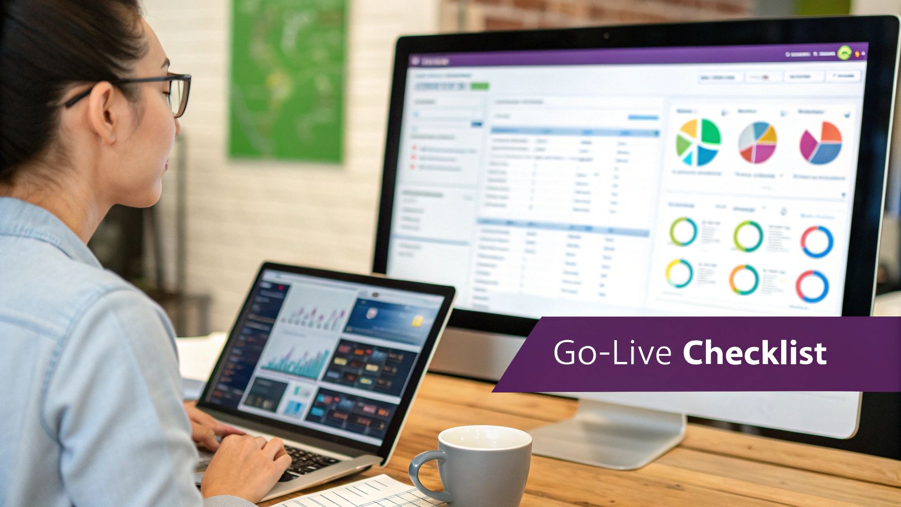 A person at a desk with multiple monitors showing performance graphs and data, monitoring a website launch.