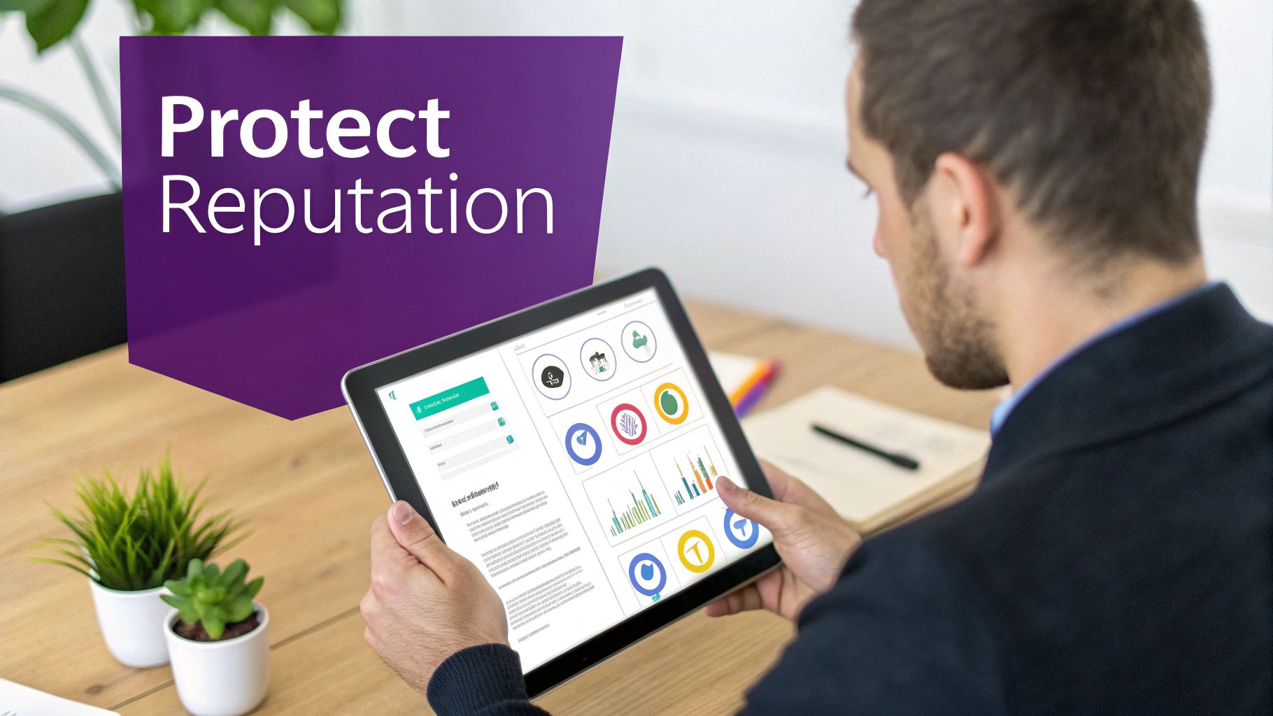 A man uses a tablet displaying data analytics and charts for reputation management.