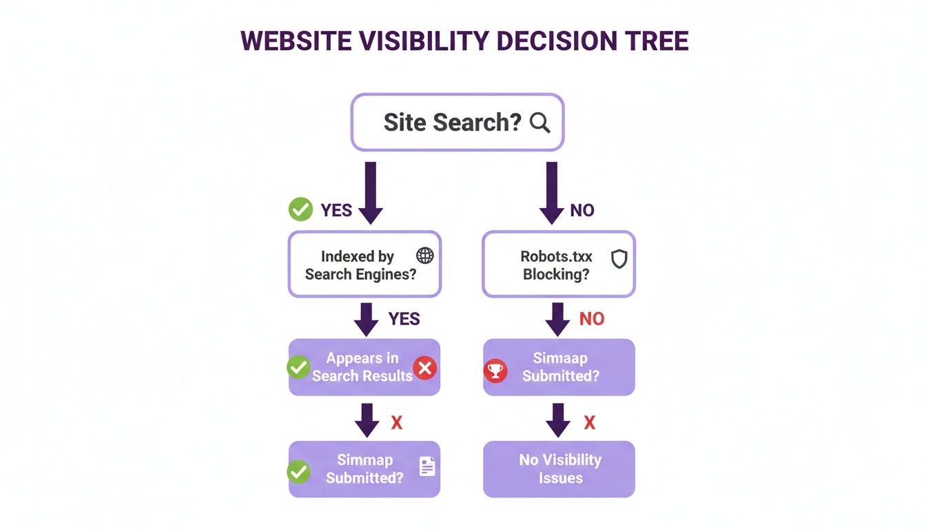 A decision tree flowchart outlining steps to diagnose website visibility and search engine indexing issues.
