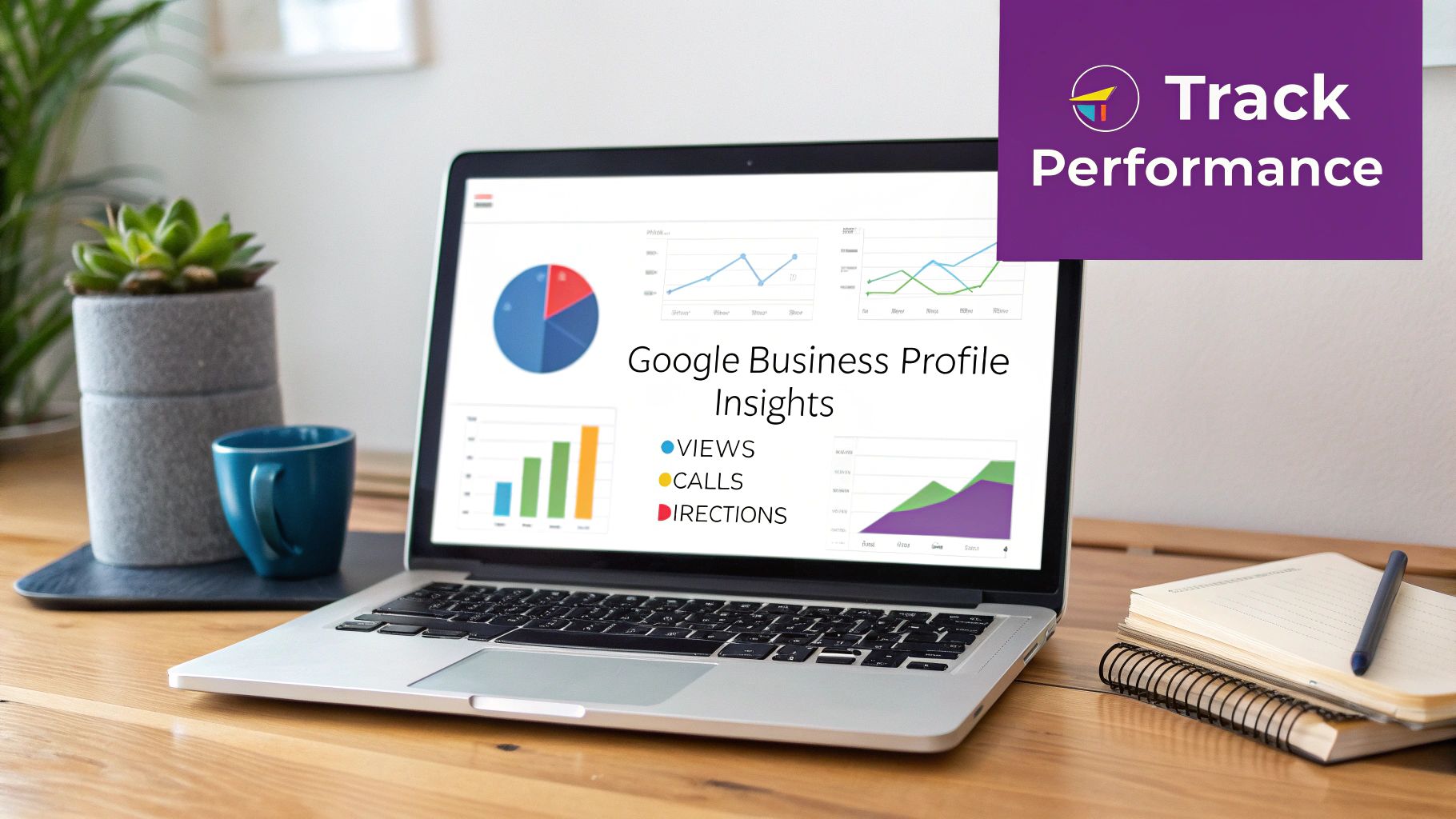 Laptop screen showing Google Business Profile insights with various charts, graphs, and data points.