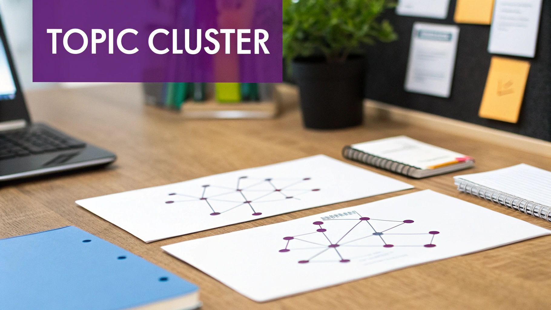 An office desk shows two topic cluster diagrams on paper, with a laptop, notebooks, and a 'TOPIC CLUSTER' banner.
