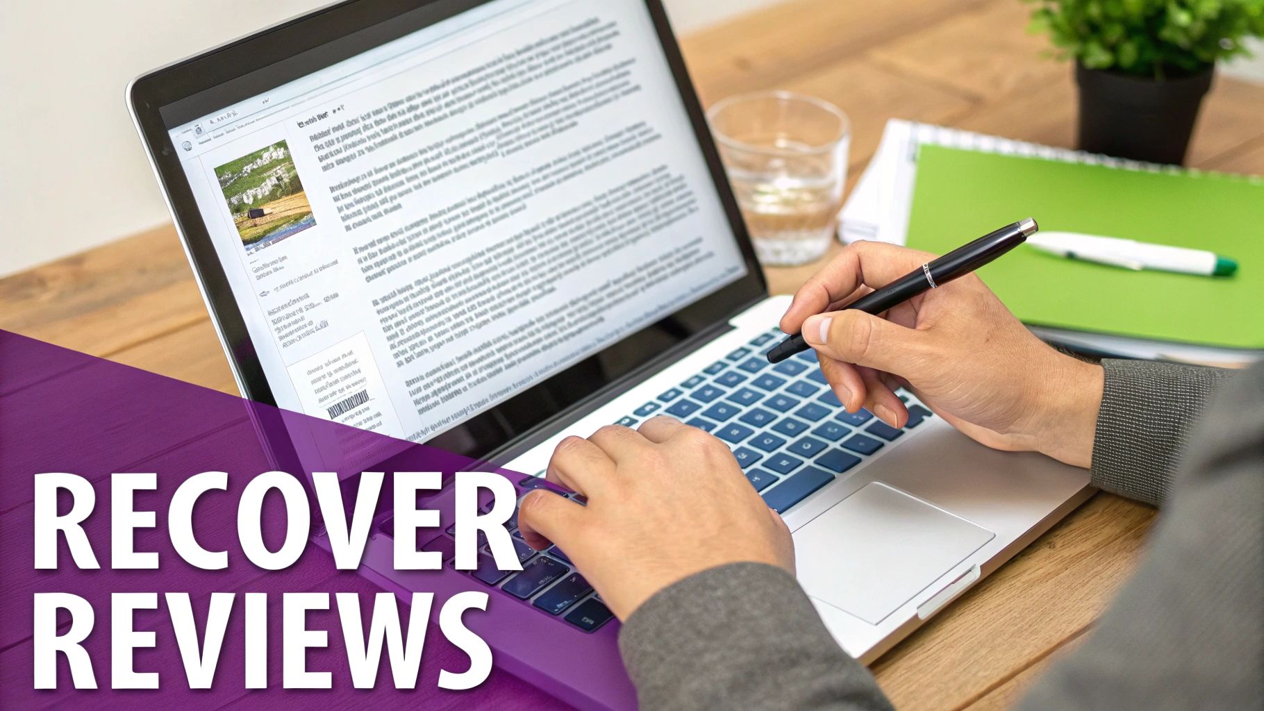 Person typing on a laptop and holding a pen, viewing online content or reviews on the screen.