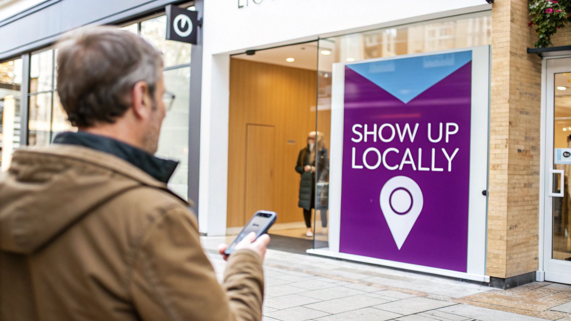 A man holding a smartphone looks at a large purple 'SHOW UP LOCALLY' sign with a location pin icon.