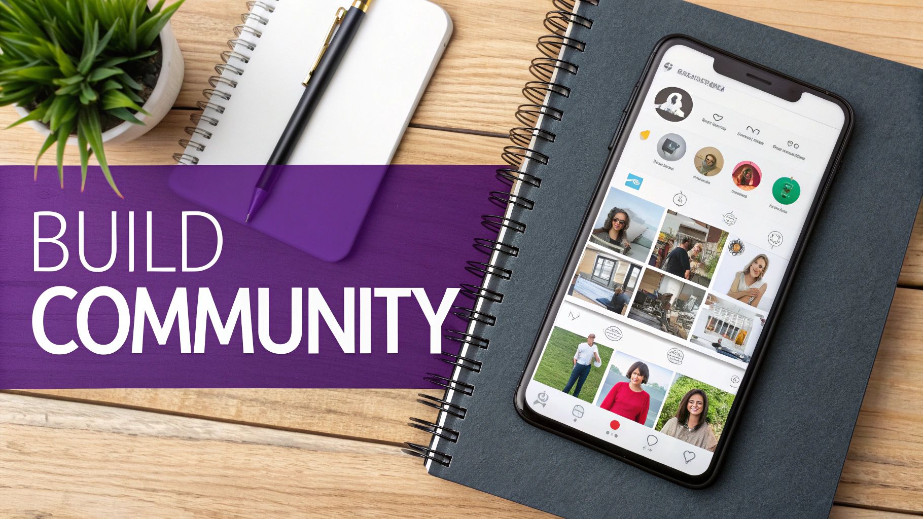 Flat lay with a smartphone displaying a community app, notebook, pen, and 'BUILD COMMUNITY' message.