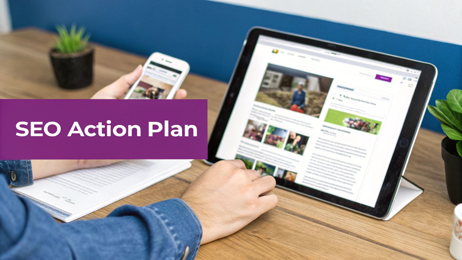 Hands interact with a tablet and phone on a wooden desk, featuring a 'SEO Action Plan' overlay.