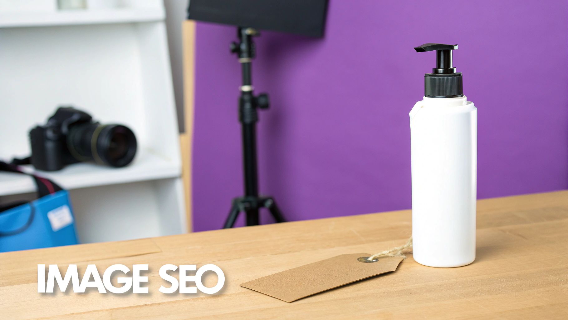White pump bottle with blank label on wooden desk in professional product photography studio setup