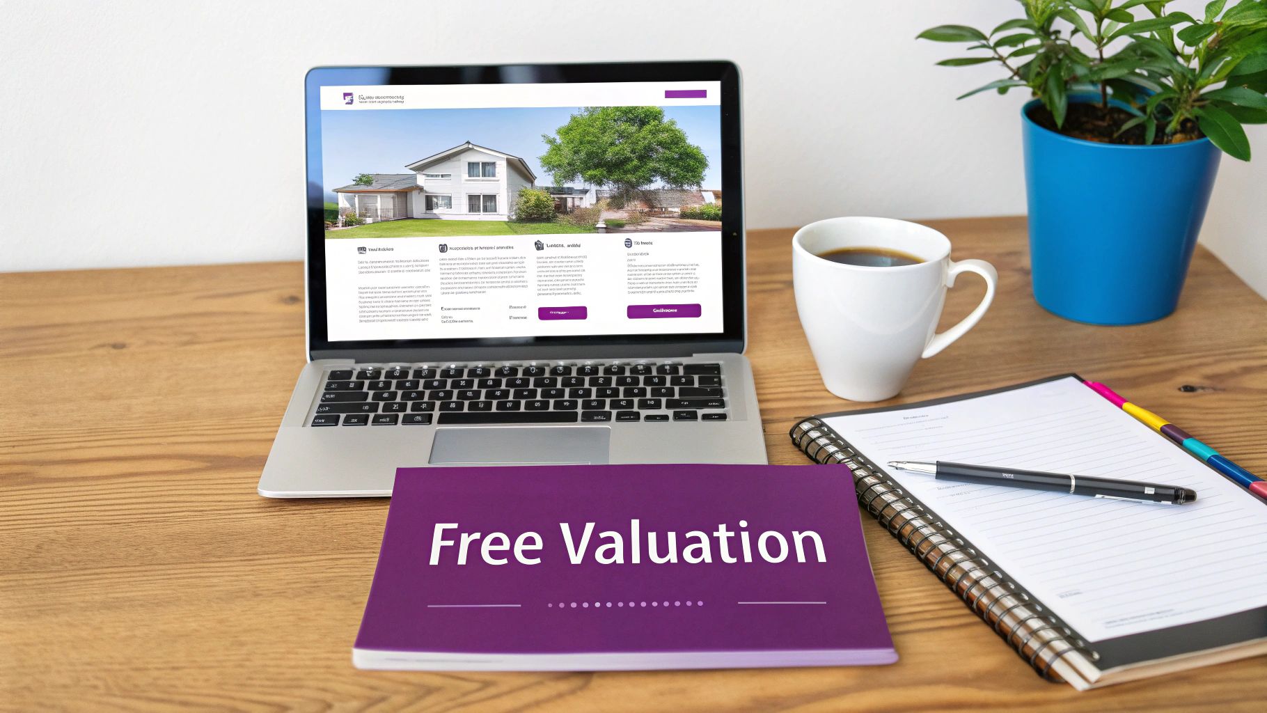 Workspace with laptop displaying a real estate website, a 'Free Valuation' brochure, coffee, and notebook.