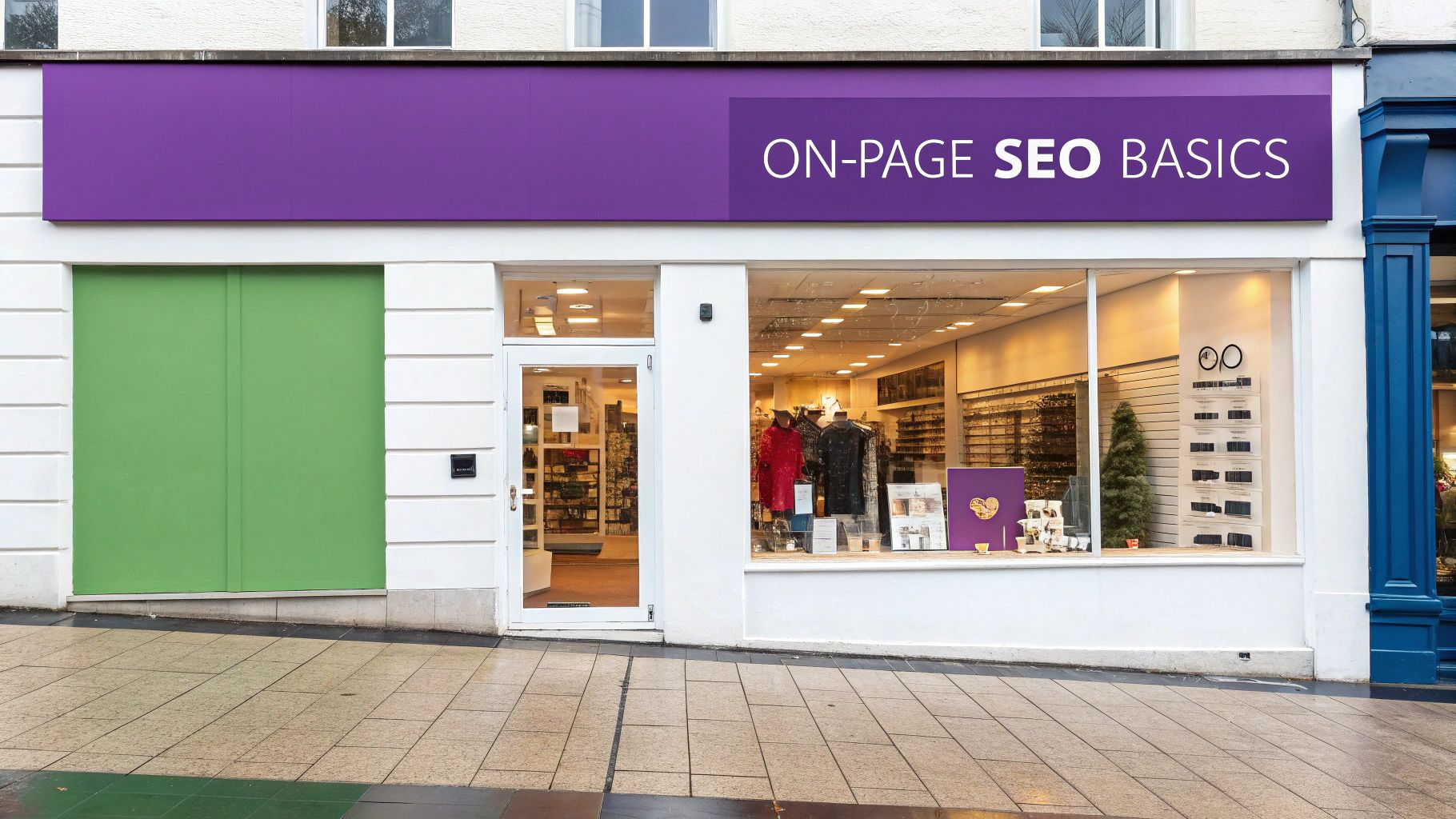 A vibrant purple storefront sign displays 'ON-PAGE SEO BASICS' above a white building facade with a green shutter and display window.