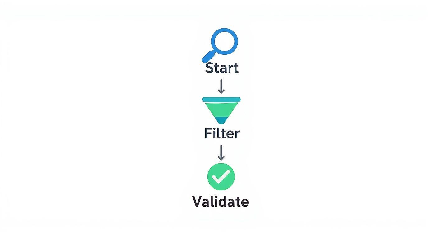 A sequential diagram illustrating the steps of Start, Filter, and Validate with corresponding icons.