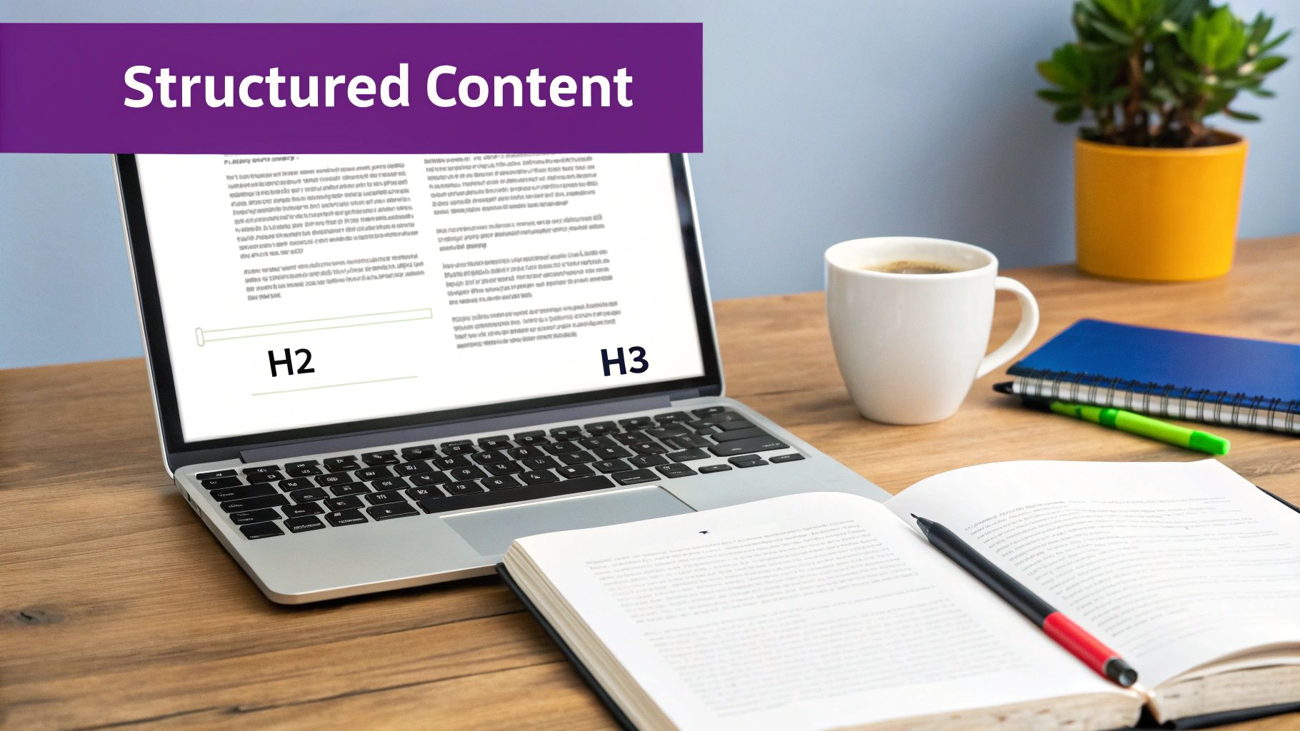 Laptop displaying structured content with H2 and H3 headings, on a desk with coffee and books.