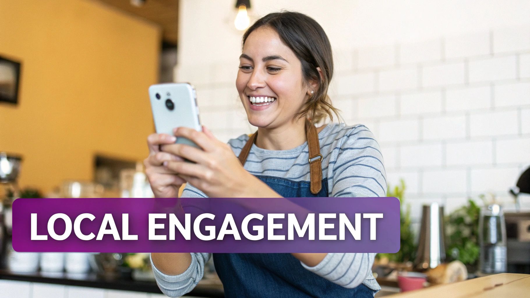 A cheerful woman in a cafe uses her smartphone, embodying local digital engagement.