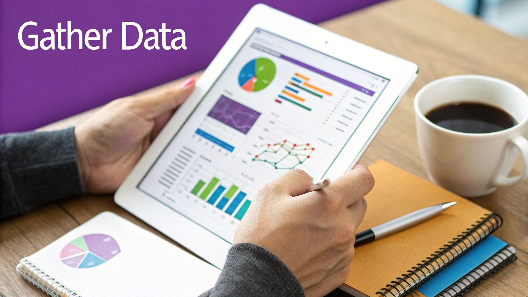A desk setup with a computer screen showing data analytics, surrounded by notebooks and charts, signifying the process of gathering intelligence.