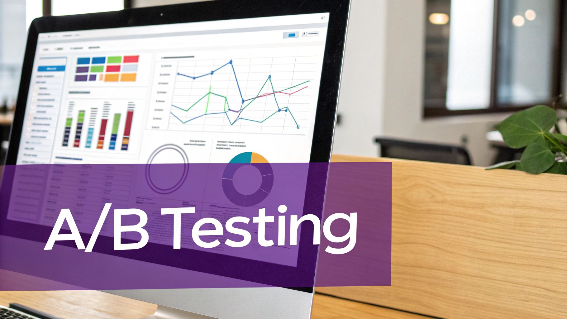 A computer screen displaying analytics charts and graphs with a prominent 'A/B Testing' overlay, signifying data optimization.