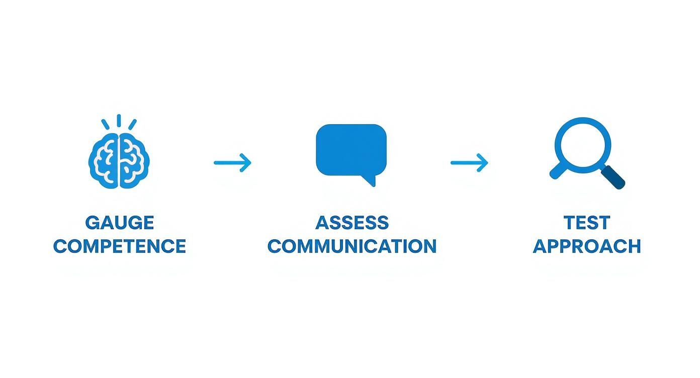 Process diagram outlining steps to gauge competence, assess communication, and test an approach.