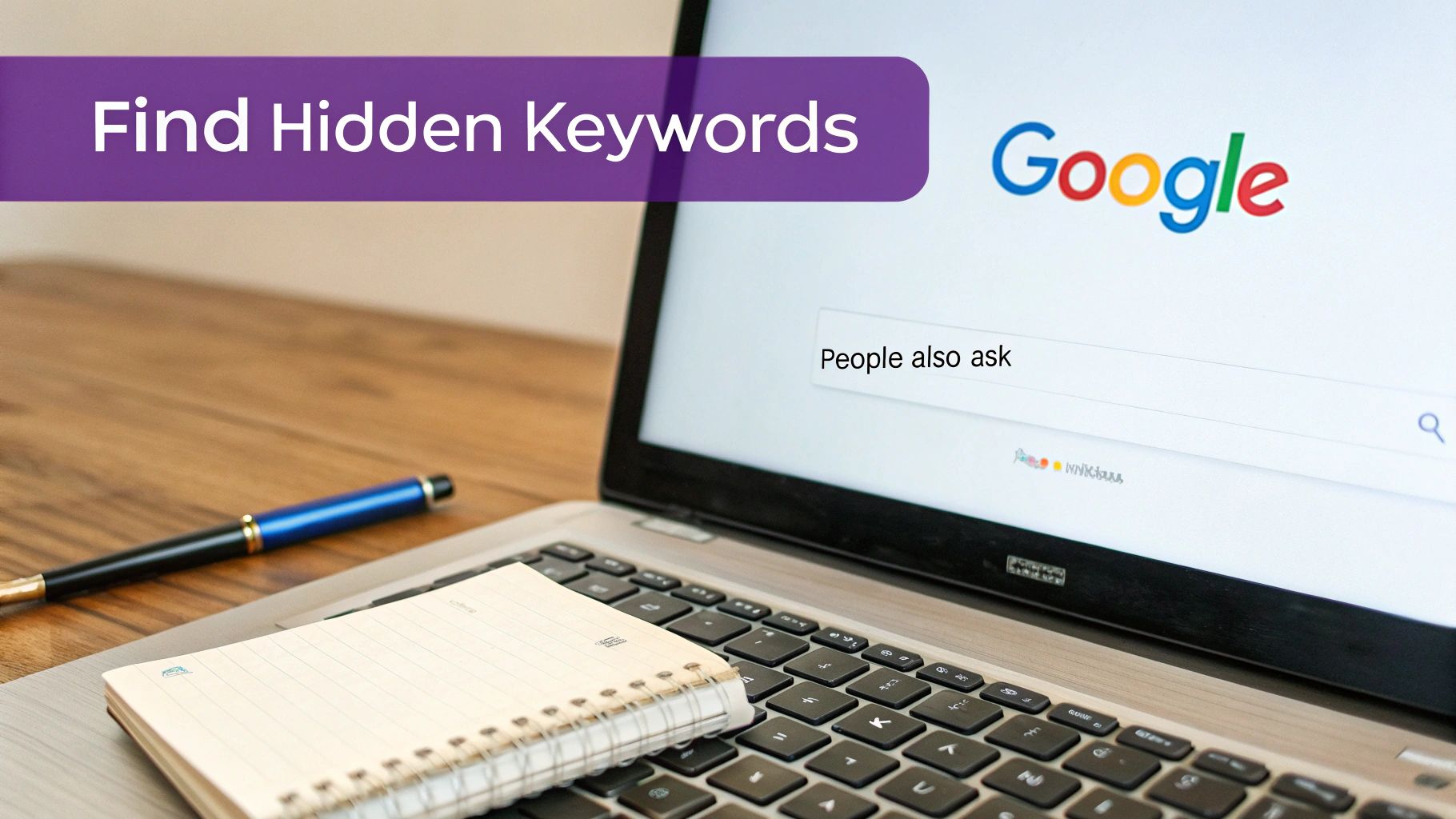 A laptop displaying Google search with 'People also ask', a pen, and a notepad, with a banner 'Find Hidden Keywords'.
