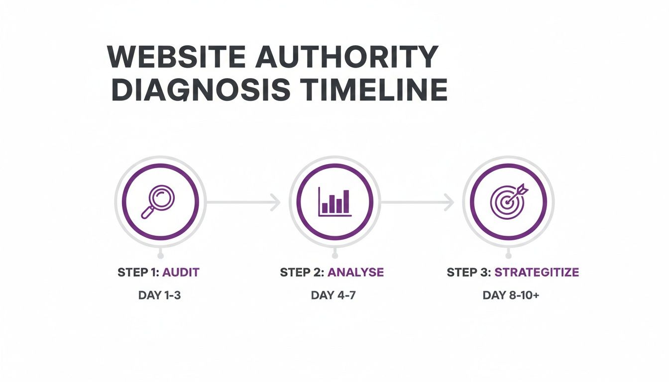 Website authority diagnosis timeline visualising three key steps: audit, analyse, and strategize with timeframes.
