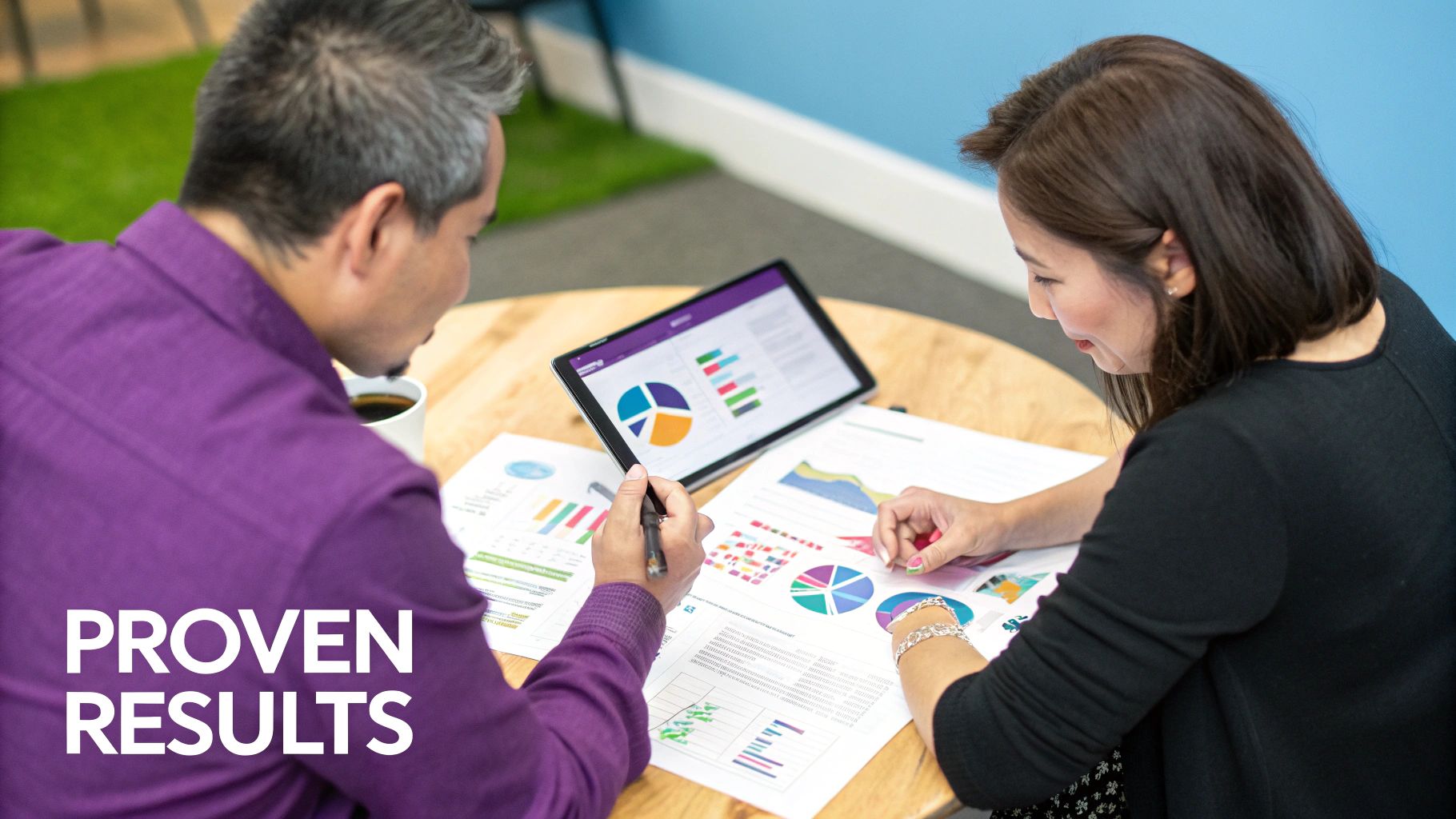 A marketing expert analysing data and case studies on a computer screen