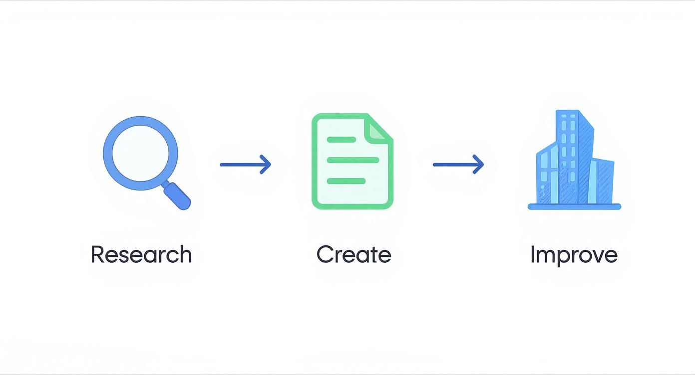 A three-step process flowchart showing Research, Create, and Improve with corresponding icons and arrows.