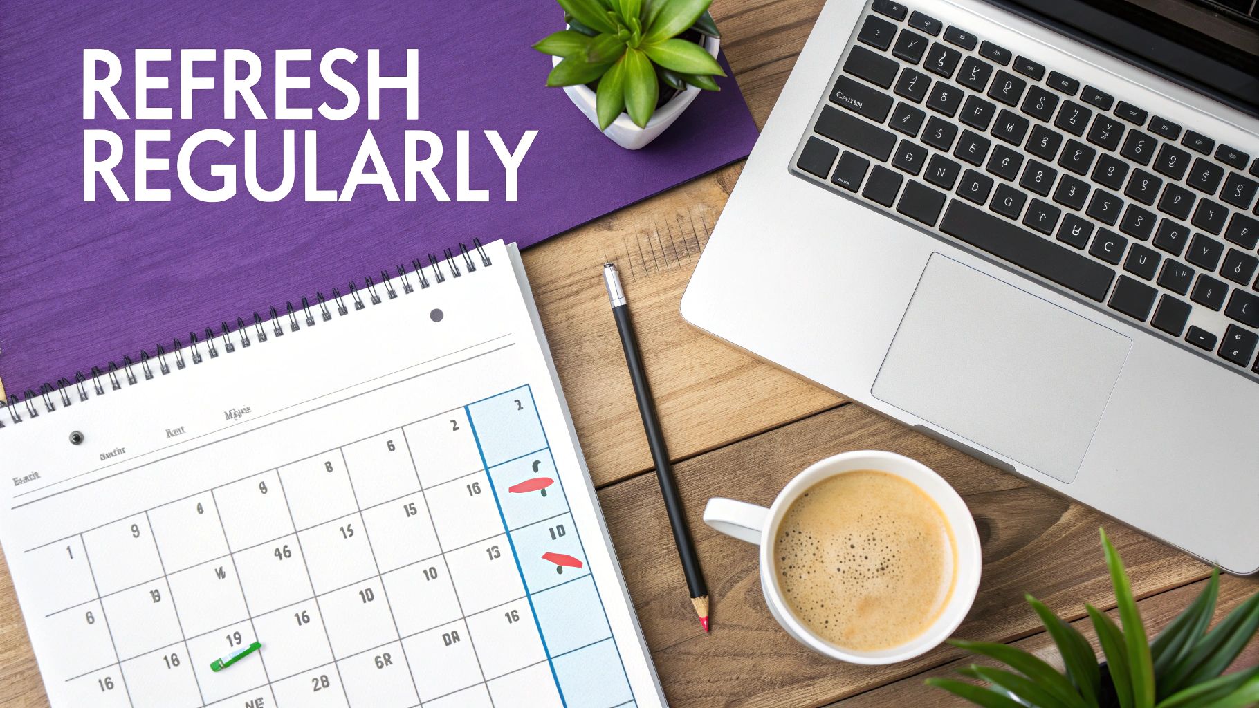Desk flat lay with 'REFRESH REGULARLY' message, laptop, calendar, coffee, and green plants.