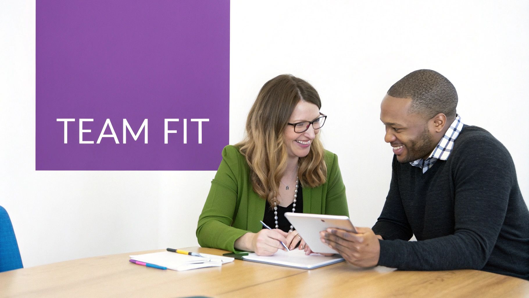 Two professionals having a positive, collaborative discussion in an office setting