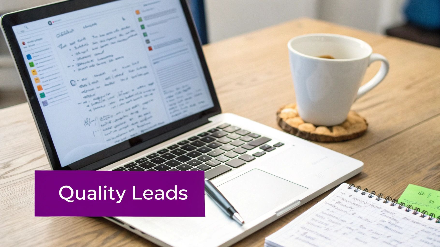 A modern workspace featuring a laptop displaying notes, a white coffee mug, pen, and notebook on a wooden desk.